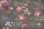 Red Peony Dark Wallpaper : Charcoal Oriental Bird Floral Mural - flat design