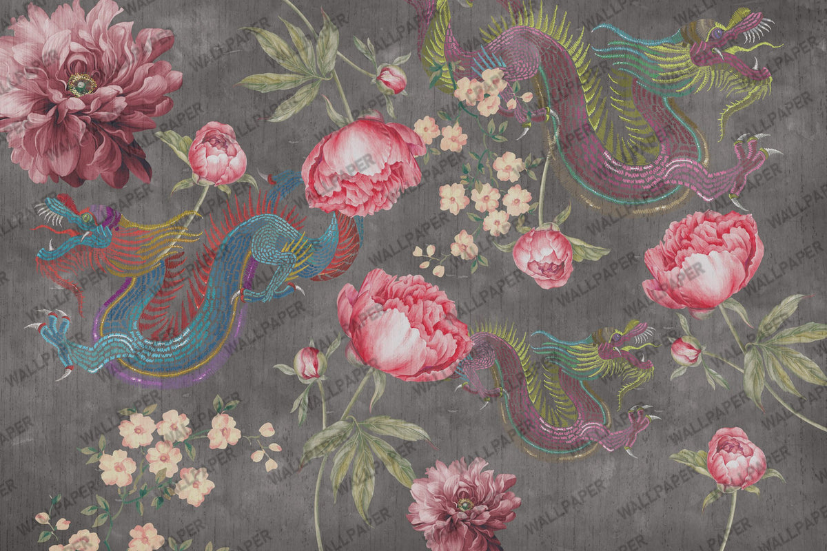 Red Peony Dark Wallpaper : Charcoal Oriental Bird Floral Mural - flat design