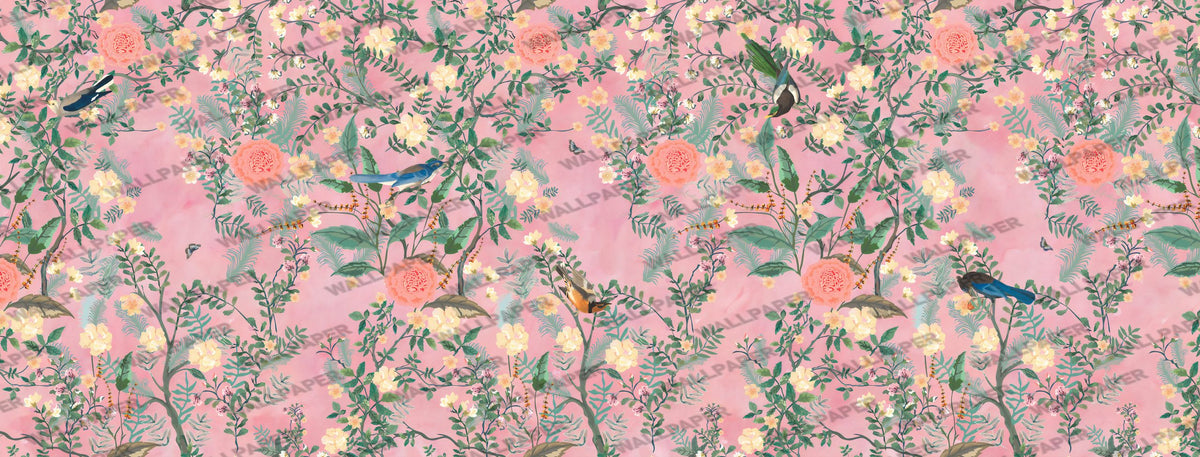 Pink Floral Bird Wallpaper : Coral Blossom Pattern - flat design