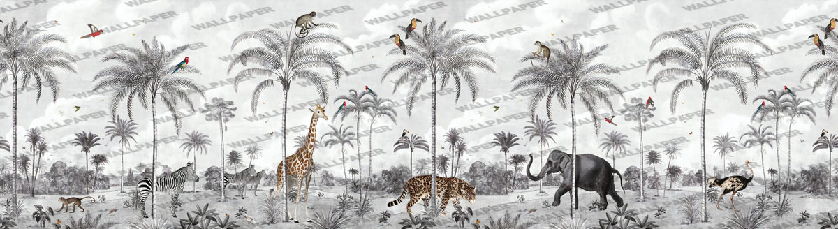 Giraffe and Toucan Wallpaper : Grey Palm Jungle Kids Mural - View 2