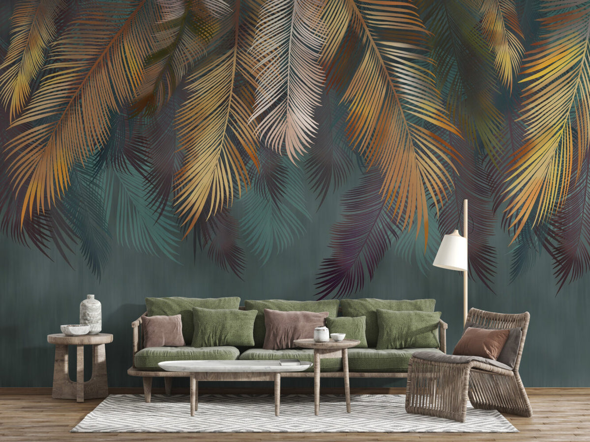 Hanging Palm Fronds Wallpaper : Dark Teal Gold Leaf Mural