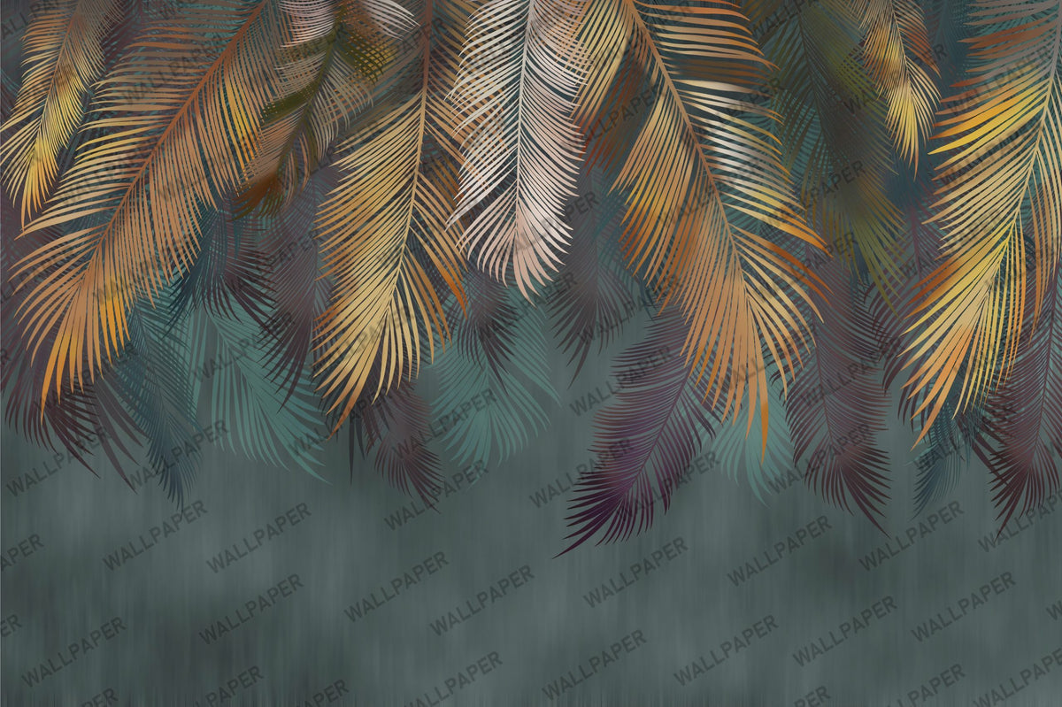 Hanging Palm Fronds Wallpaper : Dark Teal Gold Leaf Mural - flat design