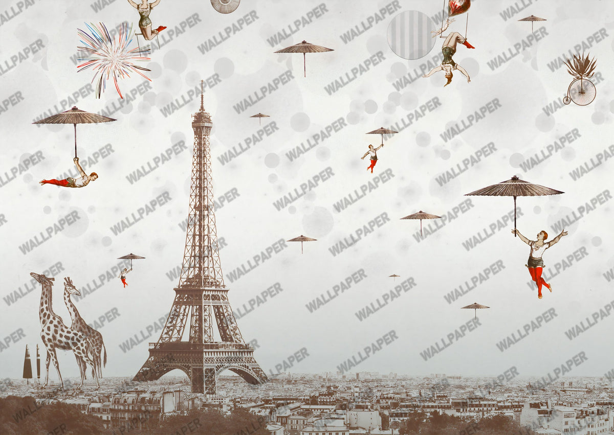Eiffel Tower Wallpaper : Whimsical Umbrella Paris Mural - View 2
