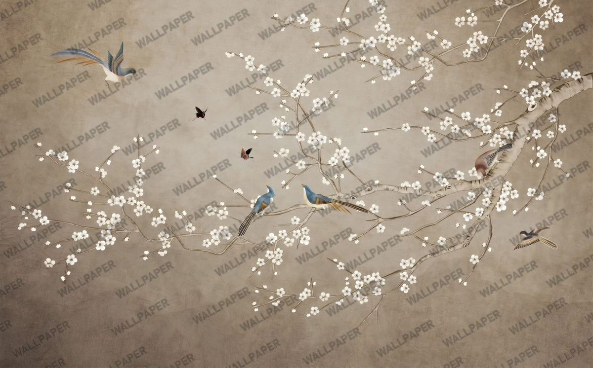 Blue Bird Blossom Wallpaper : Taupe Chinoiserie Branch Mural - View 2