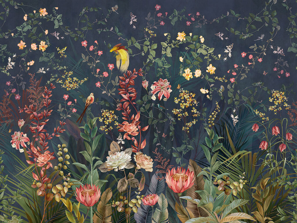 Dark Garden Floral Wallpaper : Coral Lilies on Navy Mural - flat design