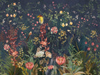 Dark Garden Floral Wallpaper : Coral Lilies on Navy Mural - flat design