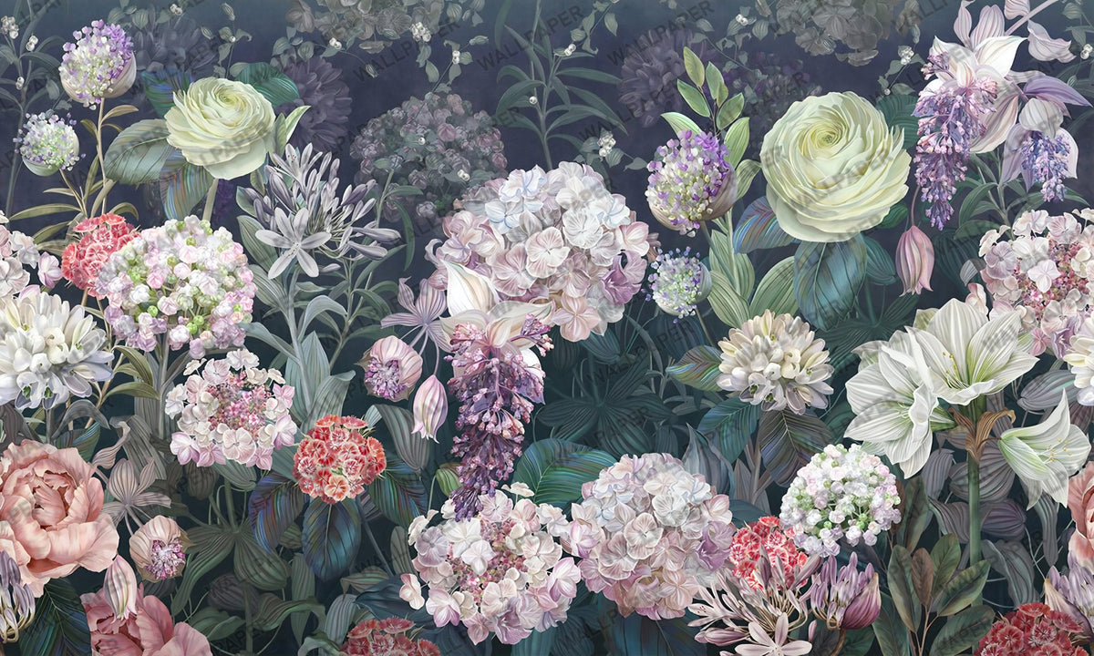 Large Rose Bouquet Wallpaper : Dark Green Peony Mural - flat design
