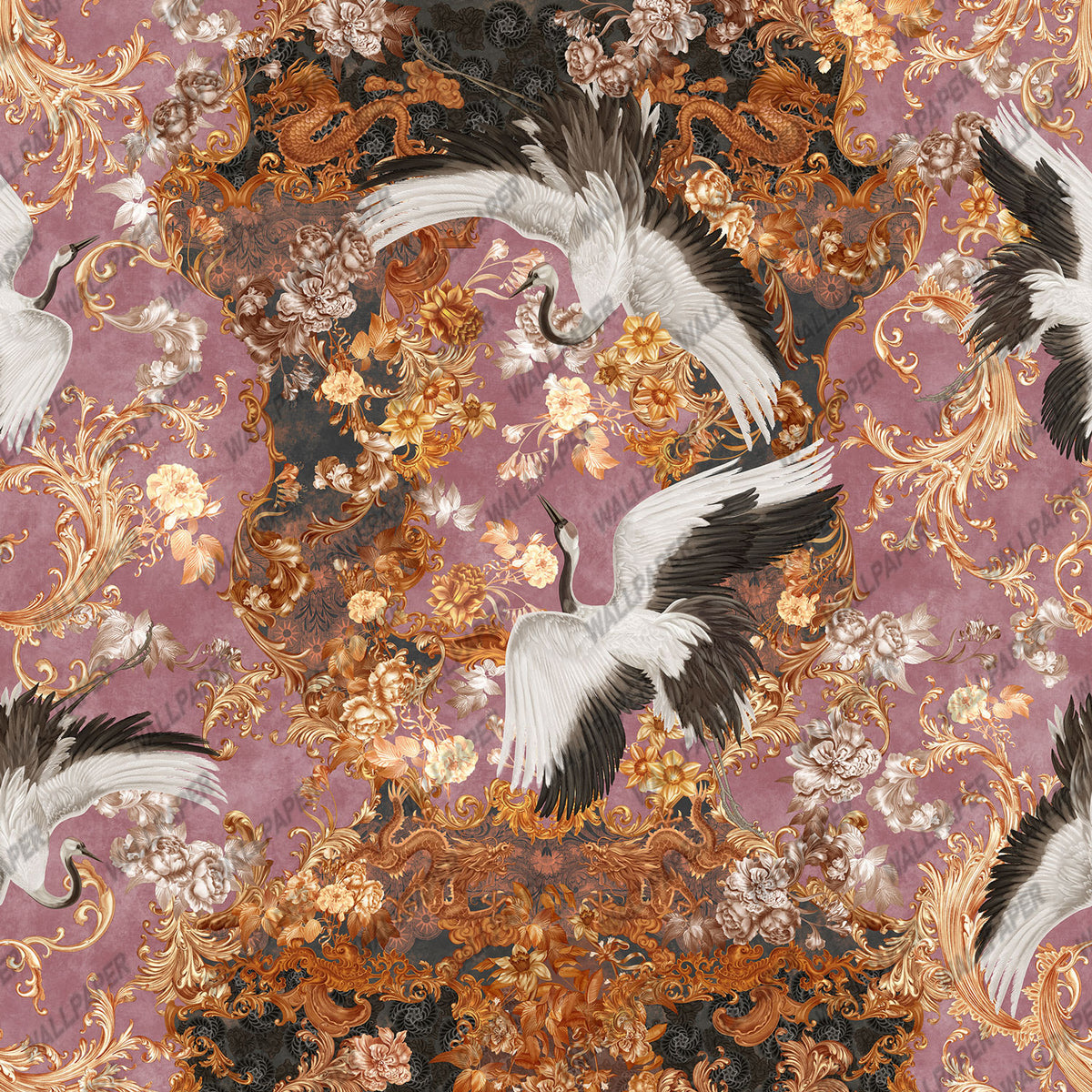 Gold Crane Wallpaper : Mauve Baroque Floral Mural - View 2