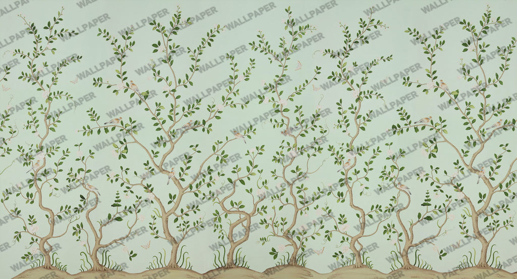 Green Tree Bird Wallpaper : Mint Chinoiserie Branch Mural - flat design