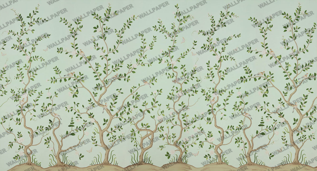 Green Tree Bird Wallpaper : Mint Chinoiserie Branch Mural - flat design