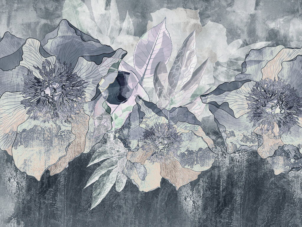 Icy Blue Floral Wallpaper : Abstract Grey Bloom Mural - flat design