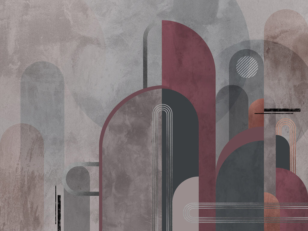 Art Deco Arch Wallpaper : Burgundy Grey Geometric Mural - flat design