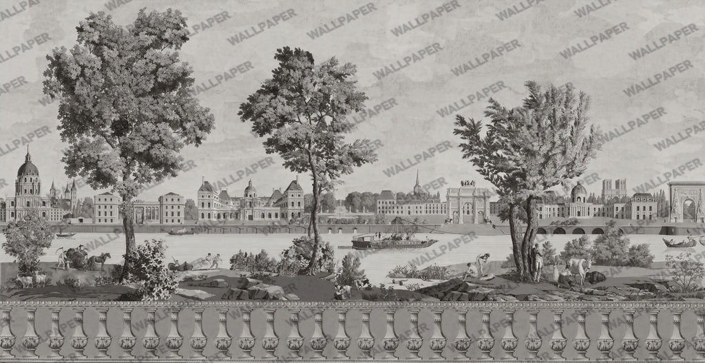 Grey Chateau Landscape Wallpaper : Vintage River Scenic Mural - flat design