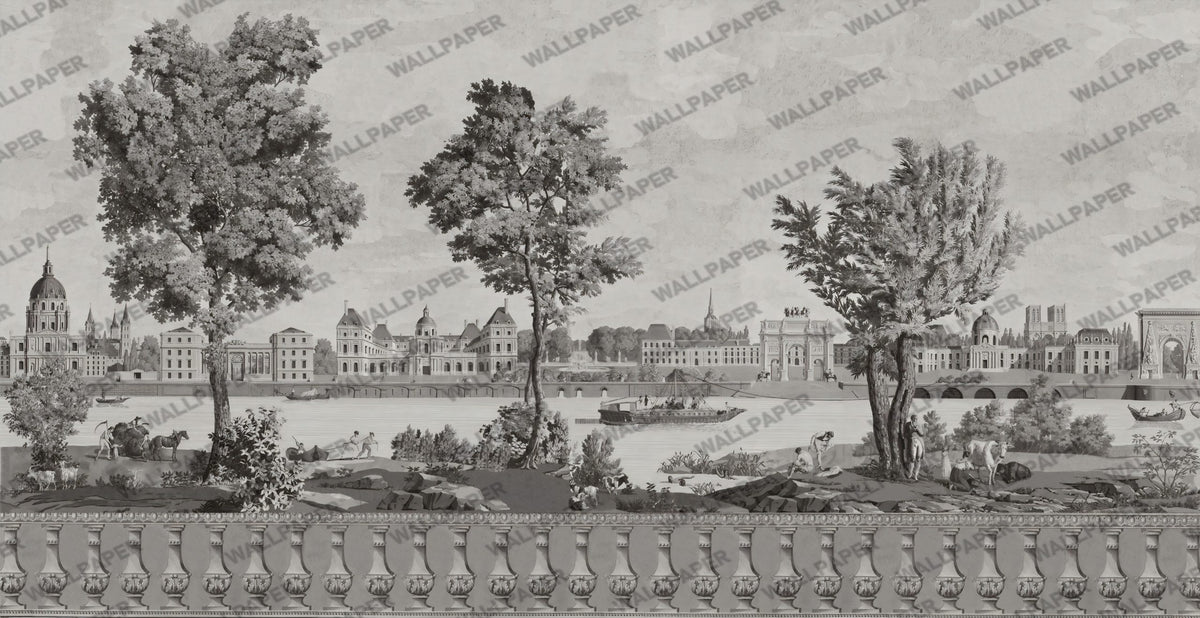 Grey Chateau Landscape Wallpaper : Vintage River Scenic Mural - flat design