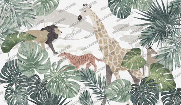 Soft Safari Kids Wallpaper : Pastel Tiger Giraffe Lion Jungle Mural - View 2