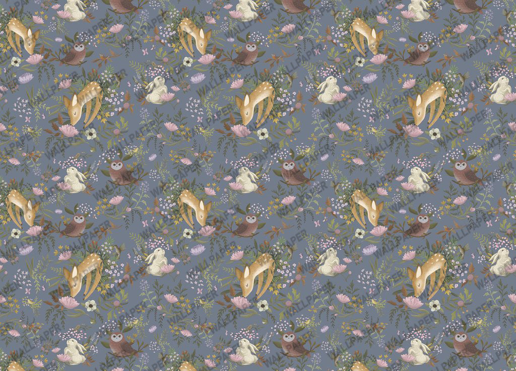 Woodland Bunny Wallpaper : Slate Blue Owl Rabbit Floral Pattern - flat design