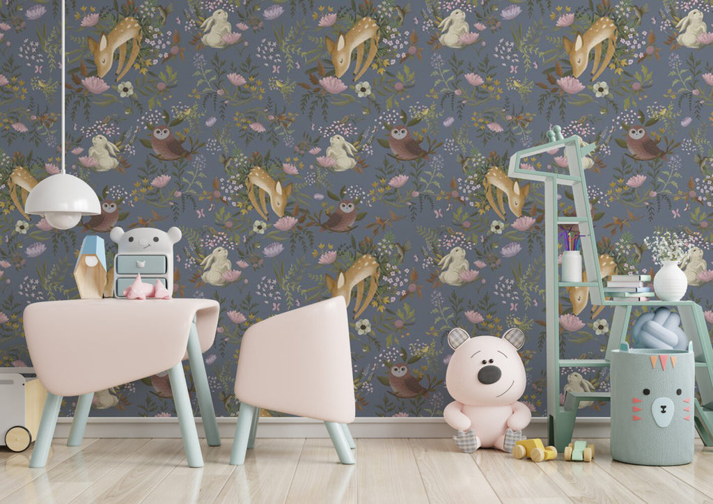 Woodland Bunny Wallpaper : Slate Blue Owl Rabbit Floral Pattern - View 2