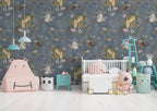 Woodland Bunny Wallpaper : Slate Blue Owl Rabbit Floral Pattern