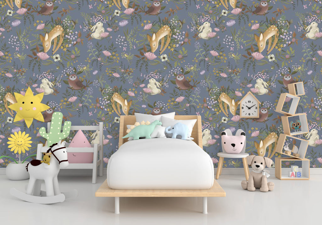 Woodland Bunny Wallpaper : Slate Blue Owl Rabbit Floral Pattern - View 3