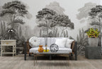 Etched Forest Wallpaper : Black And White Engraved Trees Mural