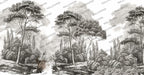 Etched Forest Wallpaper : Black And White Engraved Trees Mural - flat design