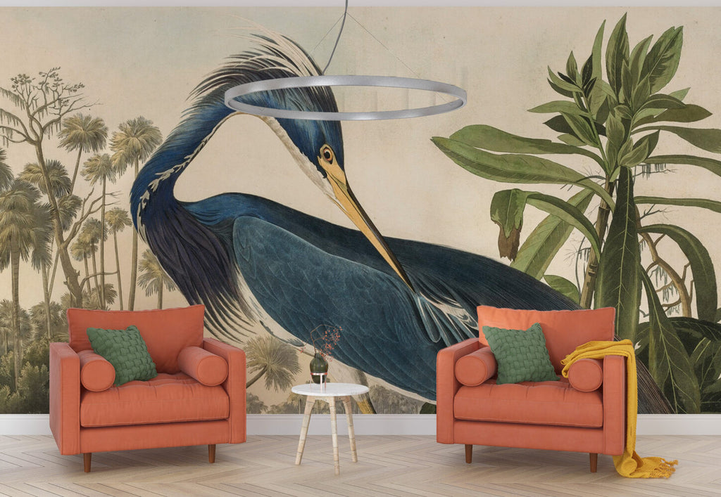Blue Heron Wallpaper : Vintage Louisiana Bird Botanical Mural