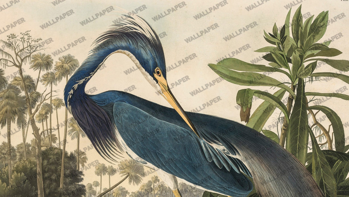 Blue Heron Wallpaper : Vintage Louisiana Bird Botanical Mural - flat design