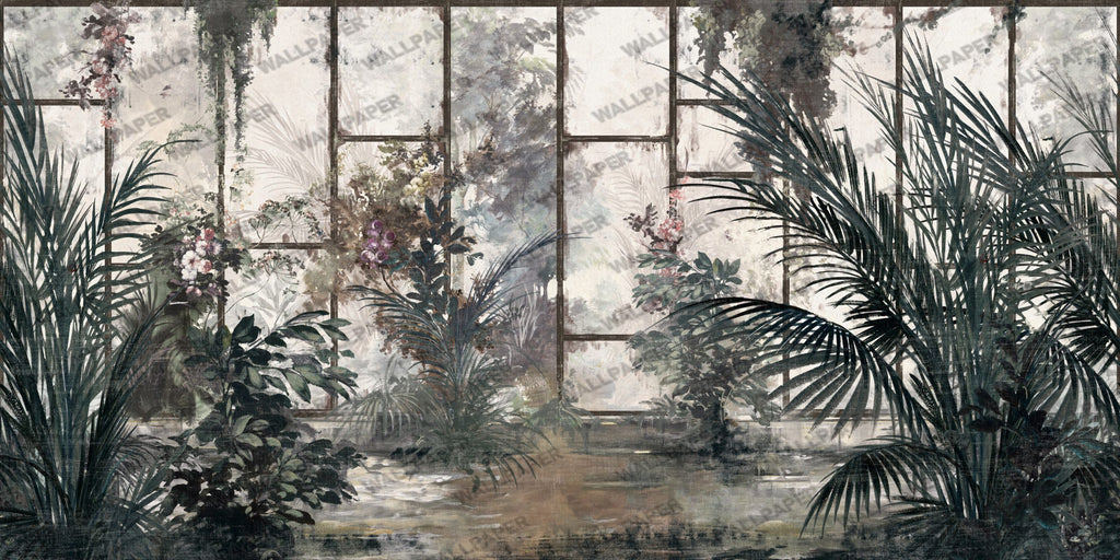Faded Greenhouse Wallpaper : Distressed Tropical Conservatory Mural - flat design