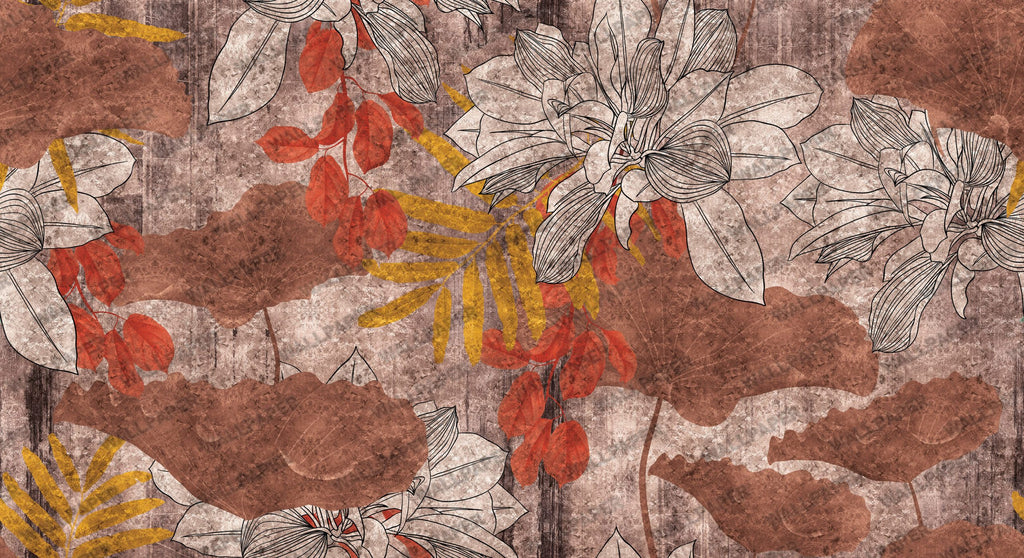 Rustic Leaf Wallpaper : Weathered Green Mauve Botanical Mural - View 3