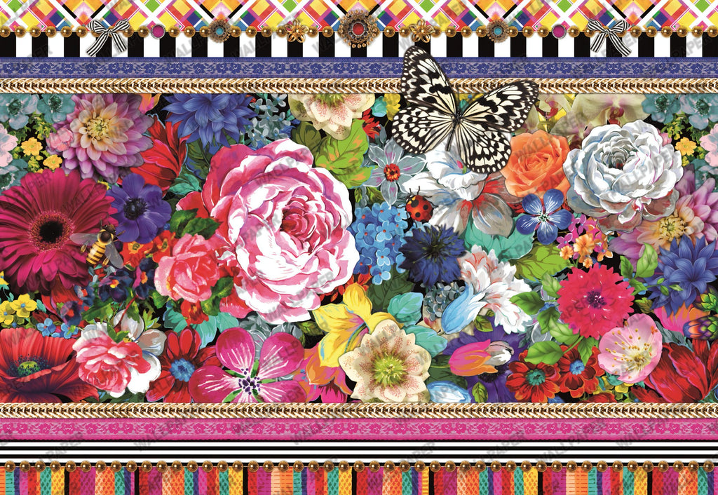Vibrant Flower Border Wallpaper : Colorful Peony Butterfly Mural - flat design