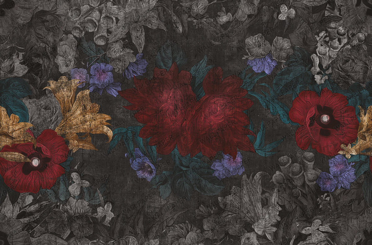 Dark Painted Poppy Wallpaper : Red Flowers On Black Textured Mural - flat design