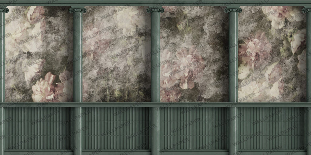 Framed Flower Panel Wallpaper : Green Wainscot Faded Floral Mural - flat design