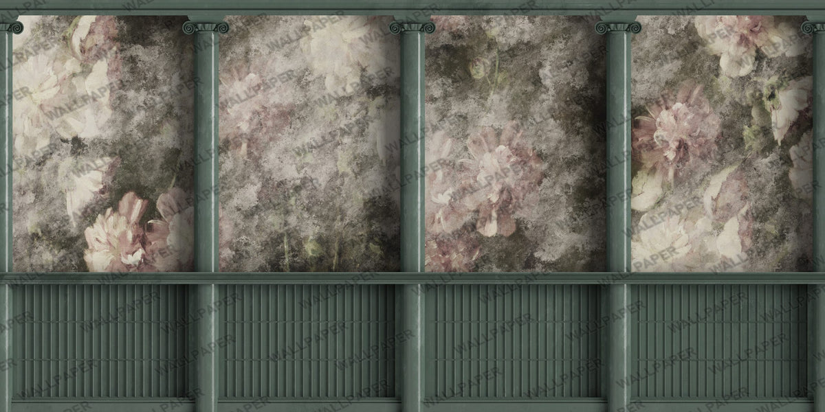 Framed Flower Panel Wallpaper : Green Wainscot Faded Floral Mural - flat design