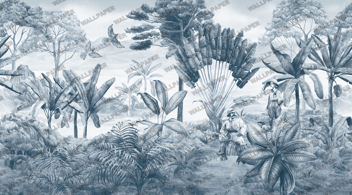 Blue Tropical Sketch Wallpaper : Soft Blue Jungle Leaf Mural - View 2