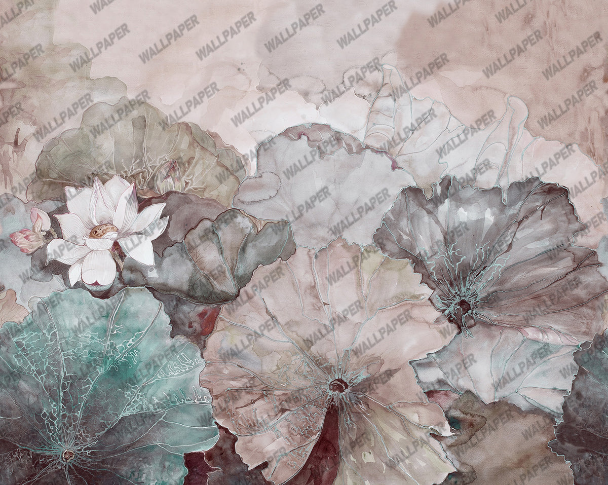 Turquoise Lotus Wallpaper : Soft Watercolor Lily Pad Mural - View 2