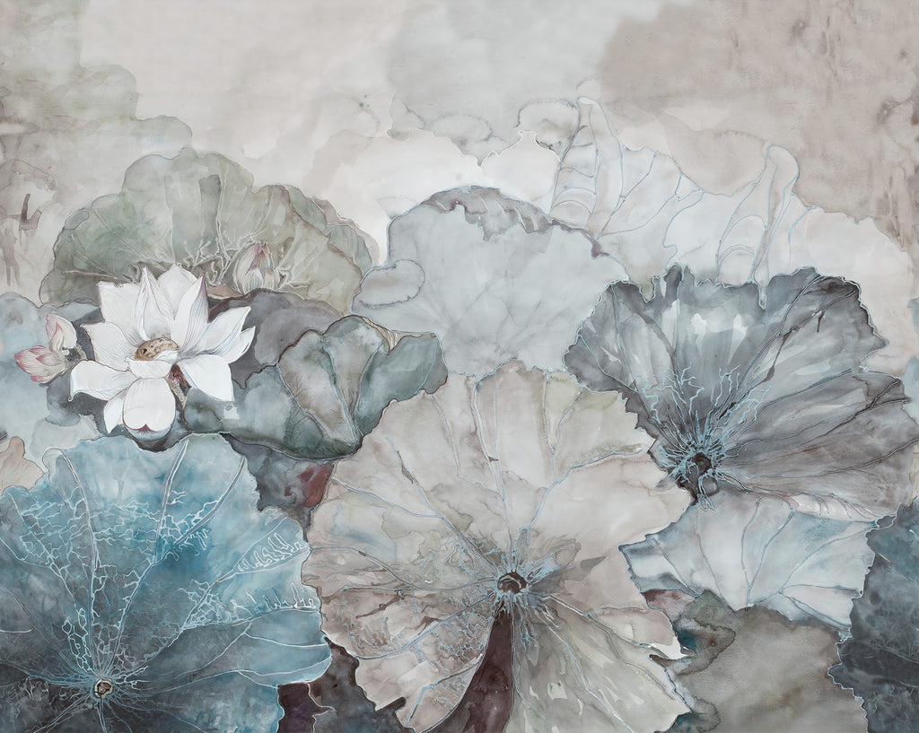 Turquoise Lotus Wallpaper : Soft Watercolor Lily Pad Mural - flat design