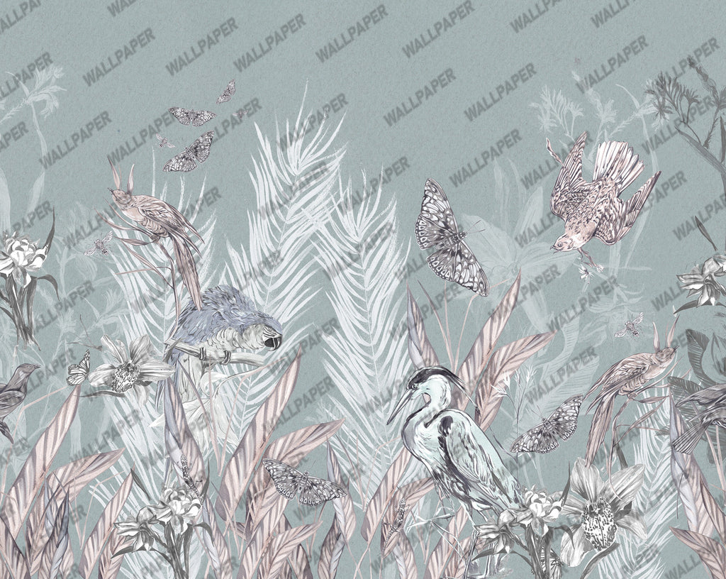 Sage Botanical Butterfly Wallpaper : Pastel Leaves Mural - View 3