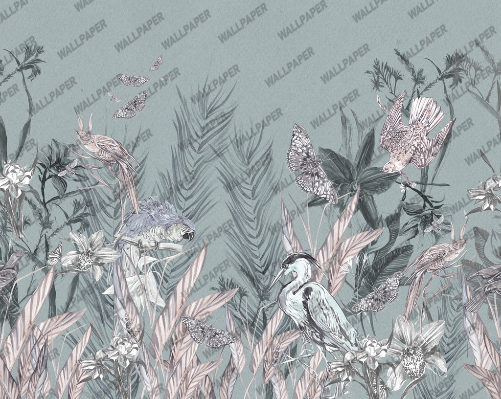 Sage Botanical Butterfly Wallpaper : Pastel Leaves Mural - View 2
