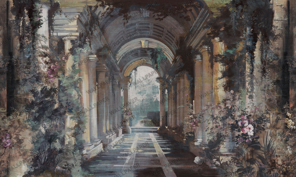 Faded Arcade Wallpaper : Distressed Classical Colonnade Mural - flat design