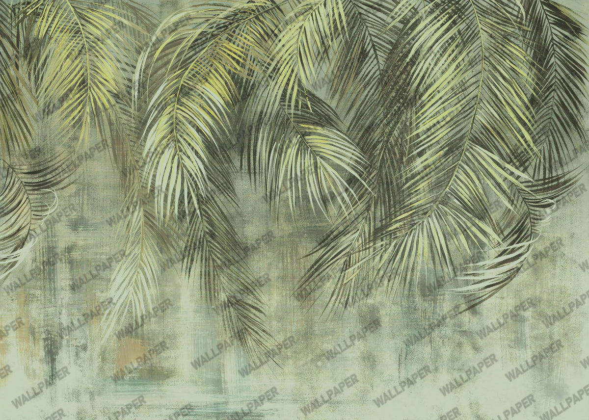 Hanging Palm Fronds Wallpaper : Sage Textured Tropical Mural - View 2