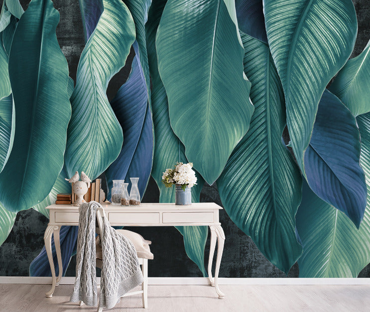 Teal Leaf Wallpaper : Large Tropical Leaves Mural