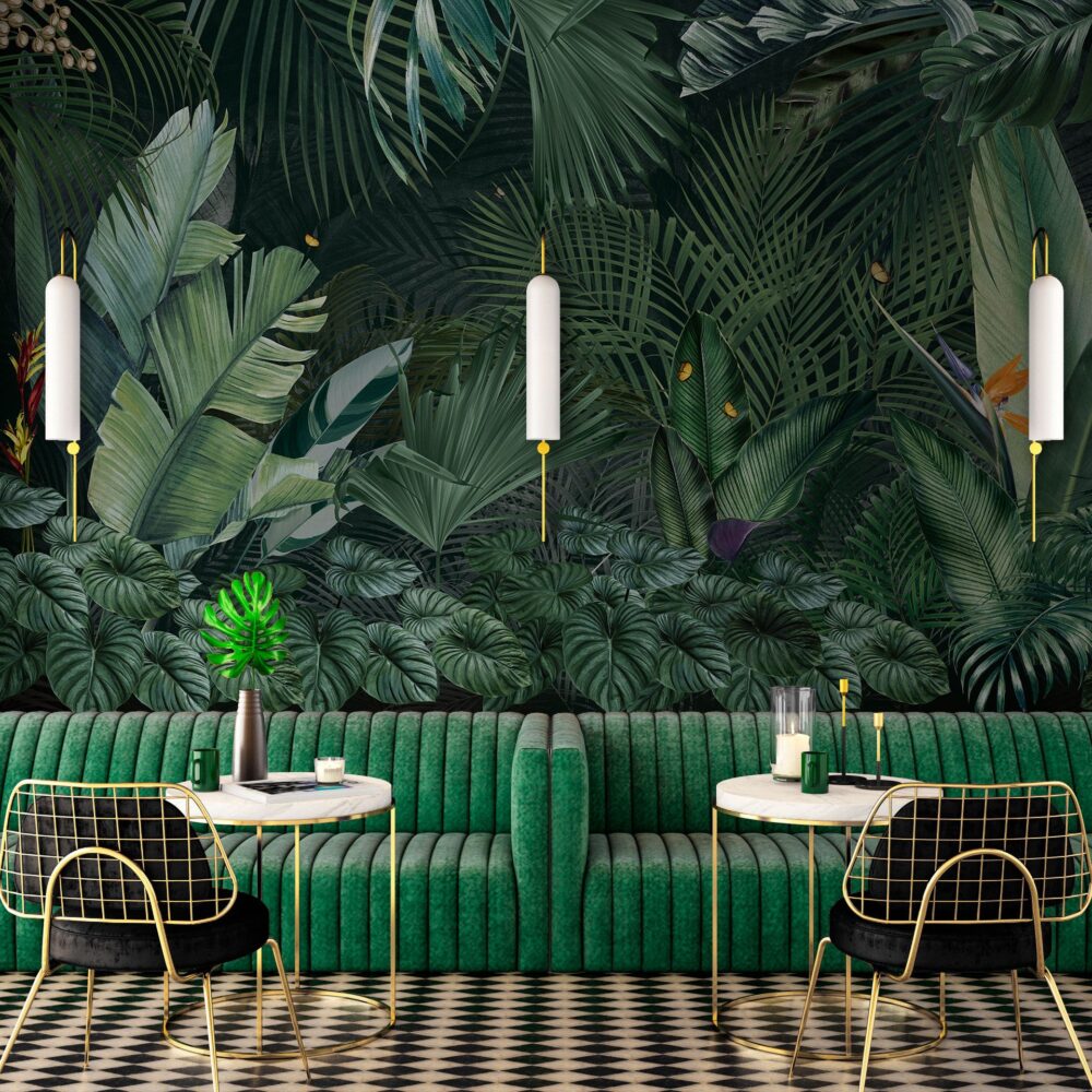 Large Tropical Leaves Wallpaper : Dark Green Jungle Foliage Mural