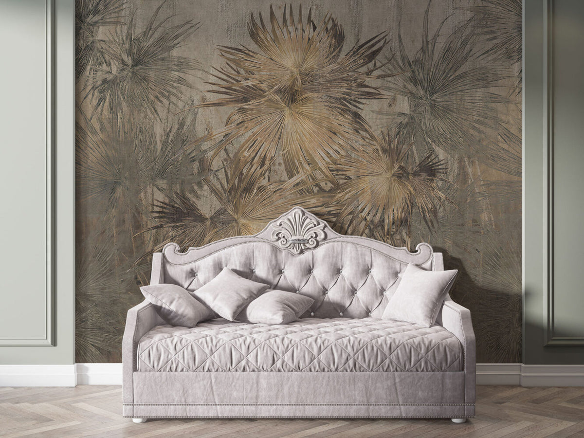 Golden Fan Palm Wallpaper : Vintage Tropical Leaf Mural - View 2