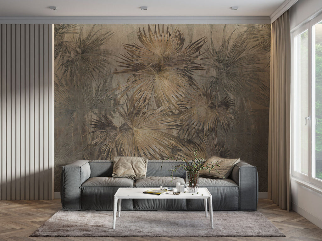 Golden Fan Palm Wallpaper : Vintage Tropical Leaf Mural