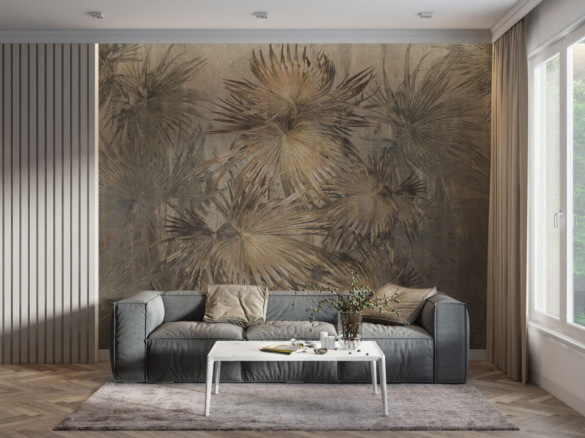 Golden Fan Palm Wallpaper : Vintage Tropical Leaf Mural