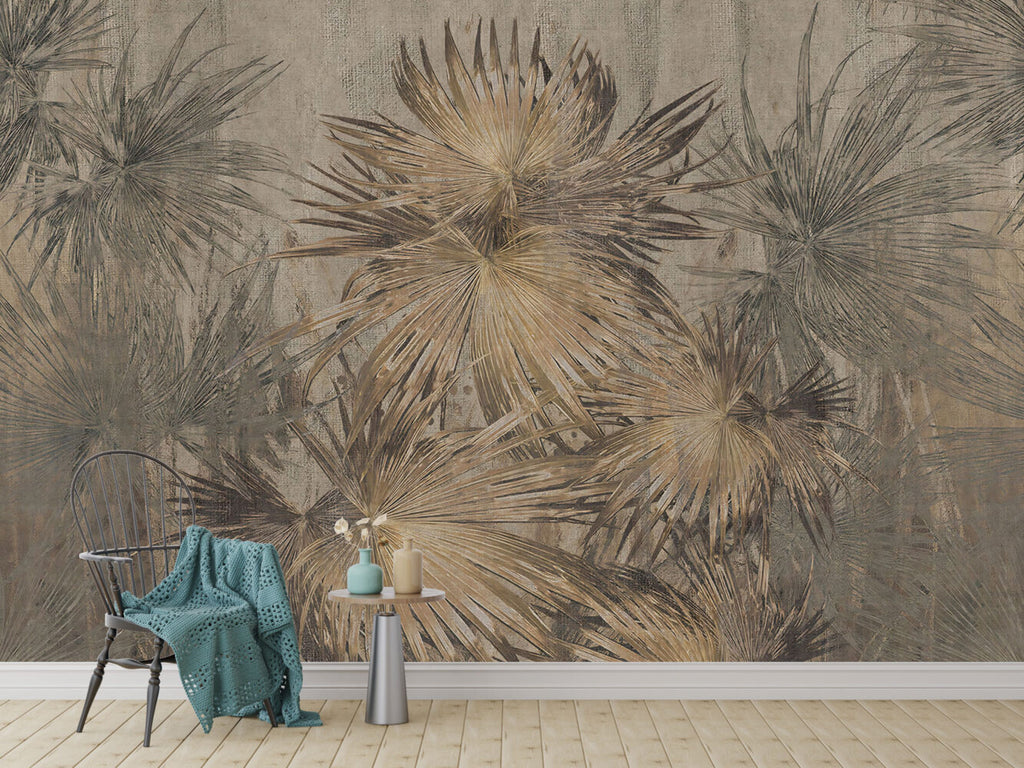 Golden Fan Palm Wallpaper : Vintage Tropical Leaf Mural - View 3