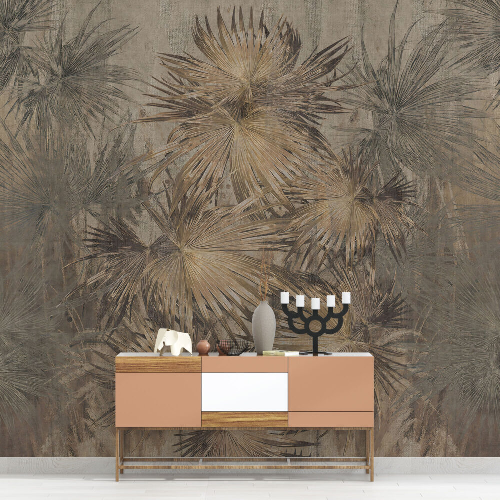 Golden Fan Palm Wallpaper : Vintage Tropical Leaf Mural - View 4