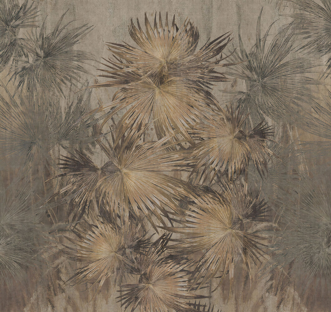 Golden Fan Palm Wallpaper : Vintage Tropical Leaf Mural - flat design