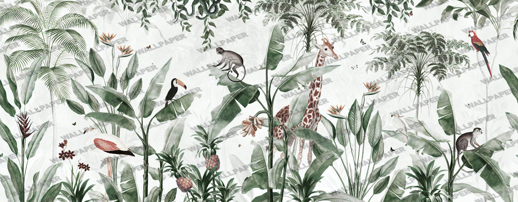 Tropical Giraffe Kids Wallpaper : Green Jungle Cockatoo Mural - View 2