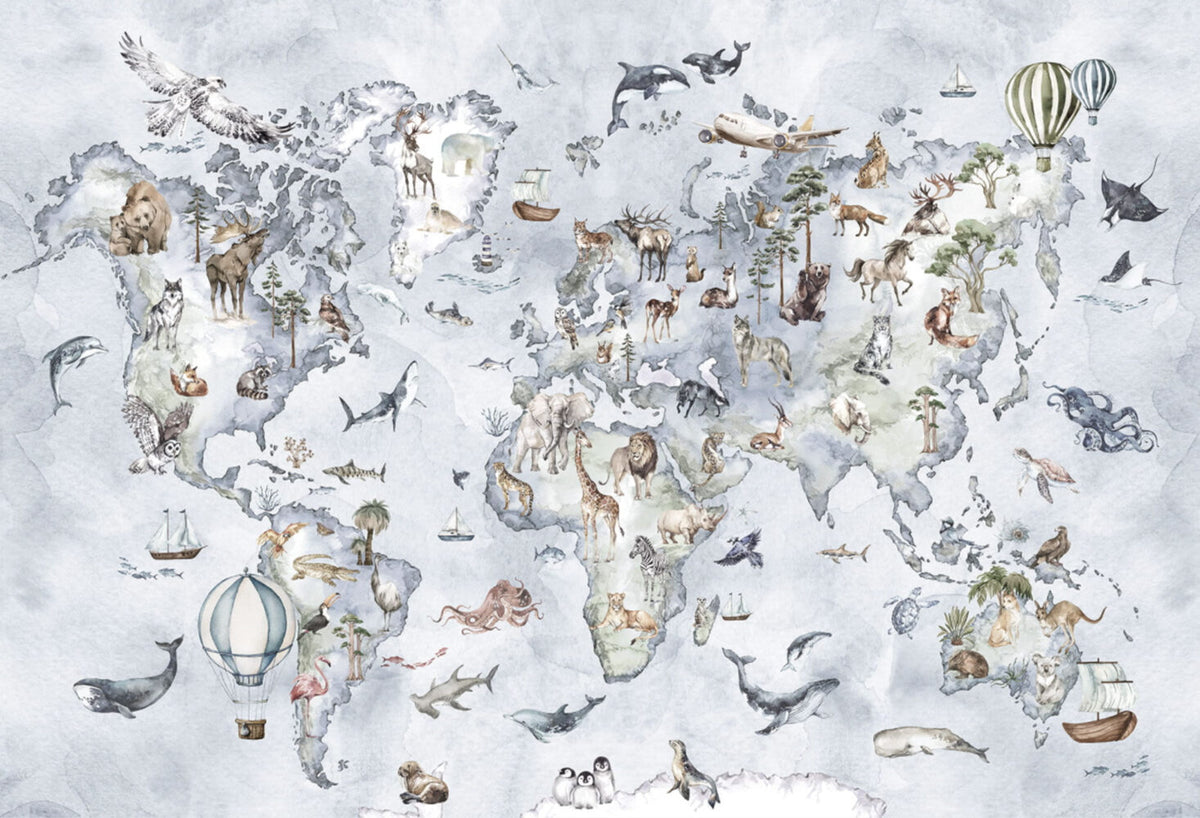 Blue Animal World Map Wallpaper : Watercolour Safari Kids Mural - View 2